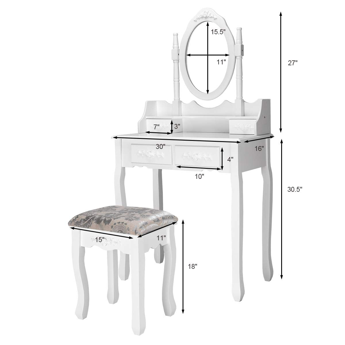 Giantex White Vanity Table Set with Oval Mirror and 4 Drawers