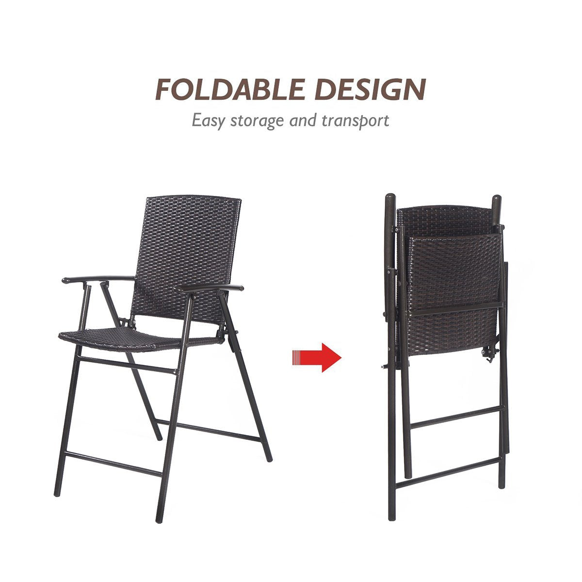 Giantex Folding Wicker Rattan Bar Chairs Tall Stool with Back Steel Frame