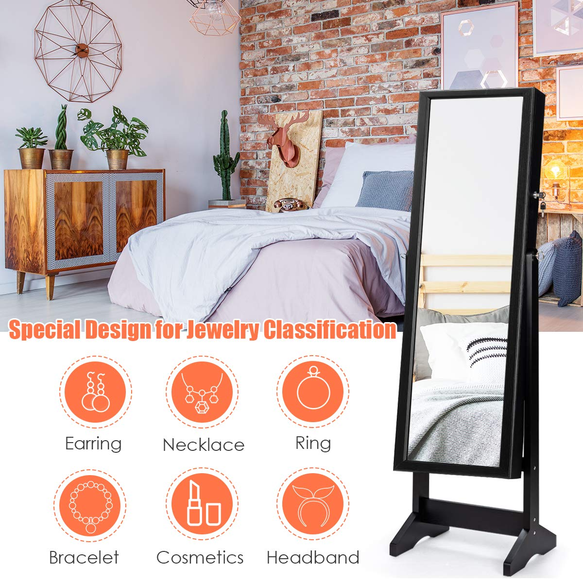 CHARMAID Freestanding Lockable Jewelry Organizer Box with Large Storage Capacity