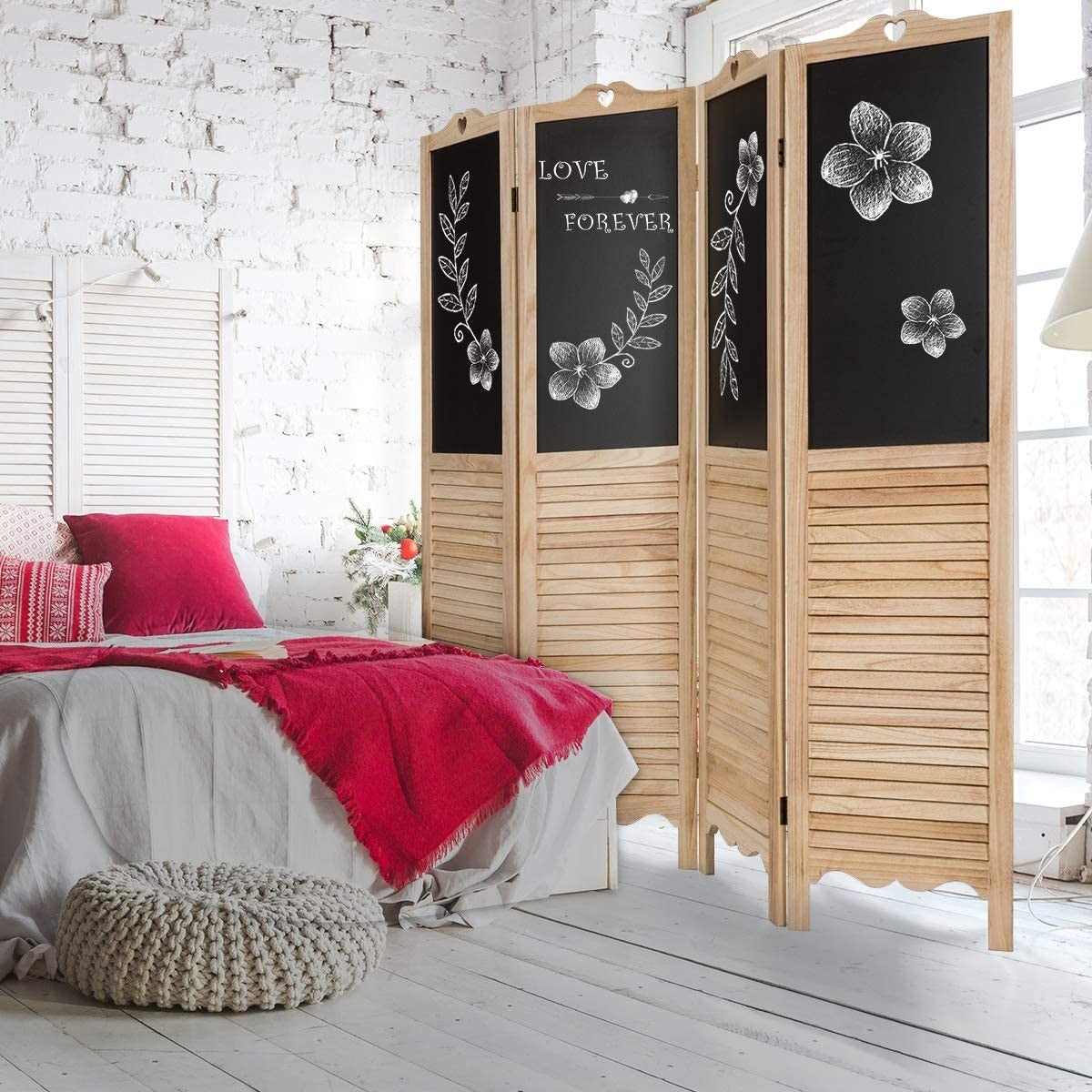 Giantex 5.7 Ft Folding Screen, 4 Panel Screen Room Divider w/ Chalkboard Panels (Natural) - Giantexus