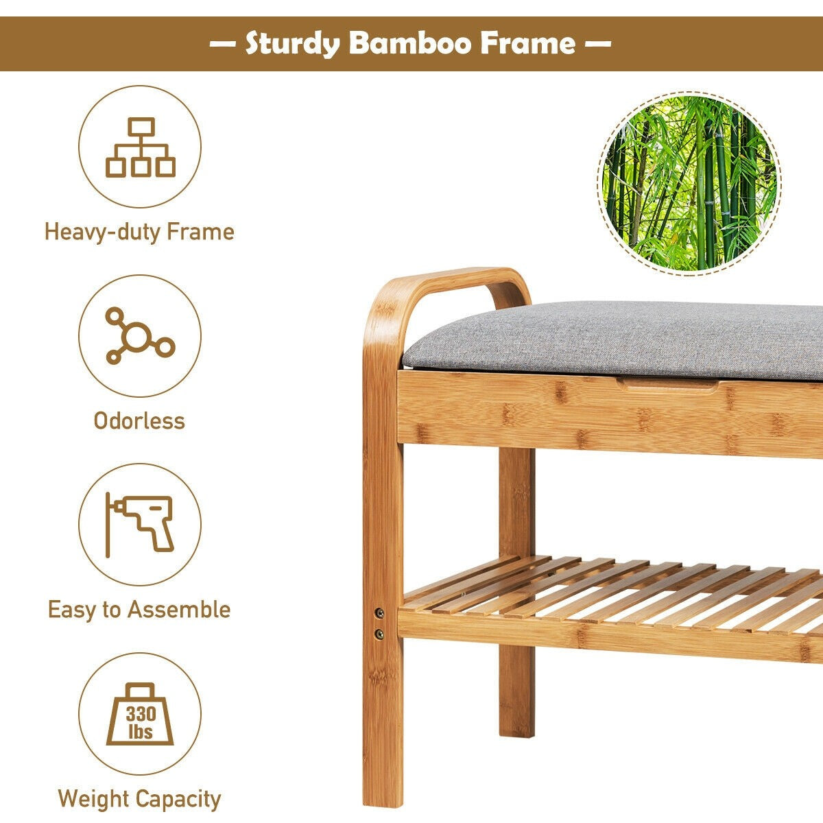 Giantex Shoe Rack Bench with Storage, Bamboo Storage Bench with Cushioned Seat, Holds Up to 330 LBS