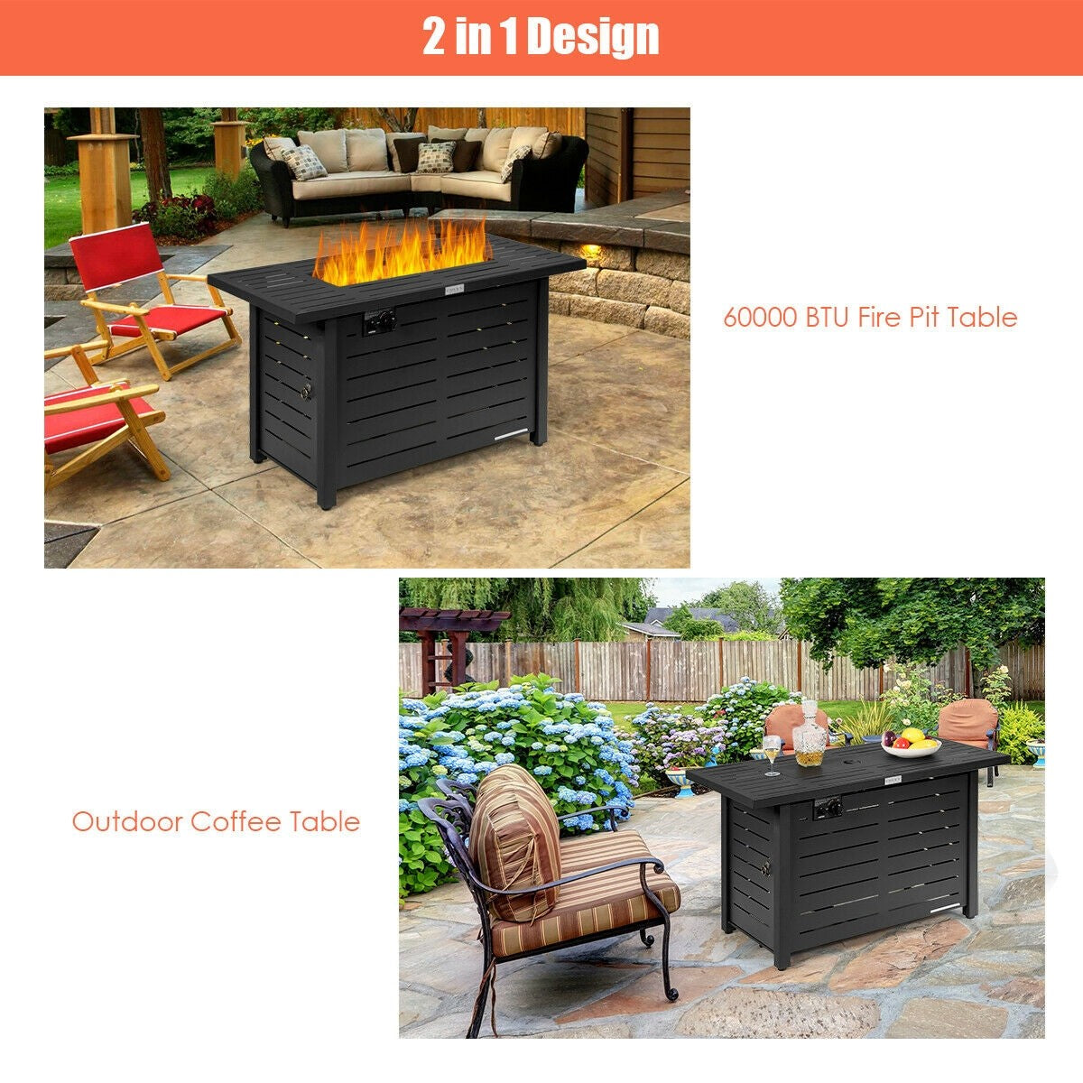 Propane Fire Pit Table, 42 Inch 60,000 BTU Rectangular Gas Fire Pit Table