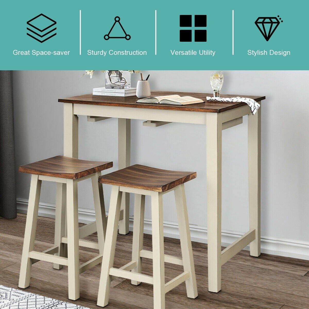 3 Piece Pub Dining Set, Counter Height Pub Table with 2 Saddle Bar Stools, Tavern Collection Table (Brown & Milky White) - Giantexus