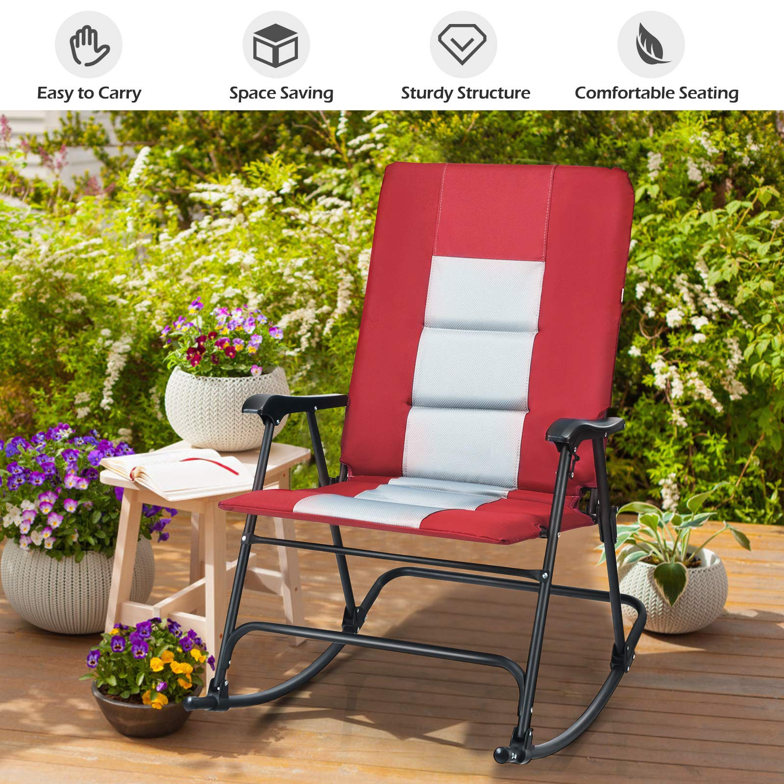 Giantex Camping Rocking Chair Fold-able Oversized with Padded Armrest and Seat