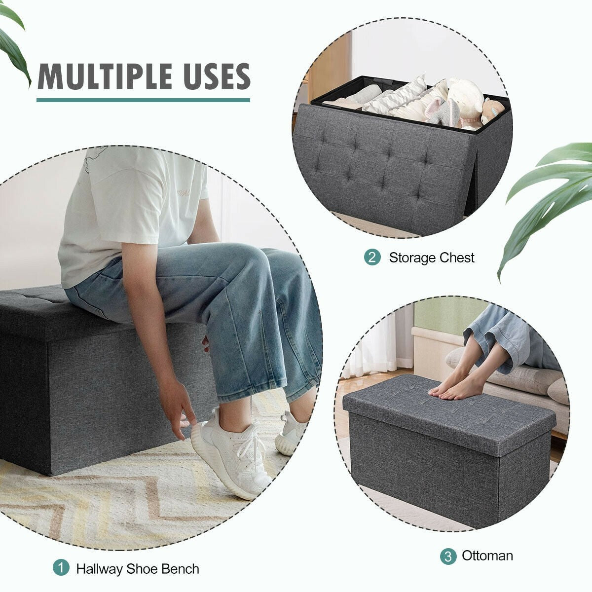Storage Ottoman Footrest 31.5 Inch Fold-able Toy Organizers