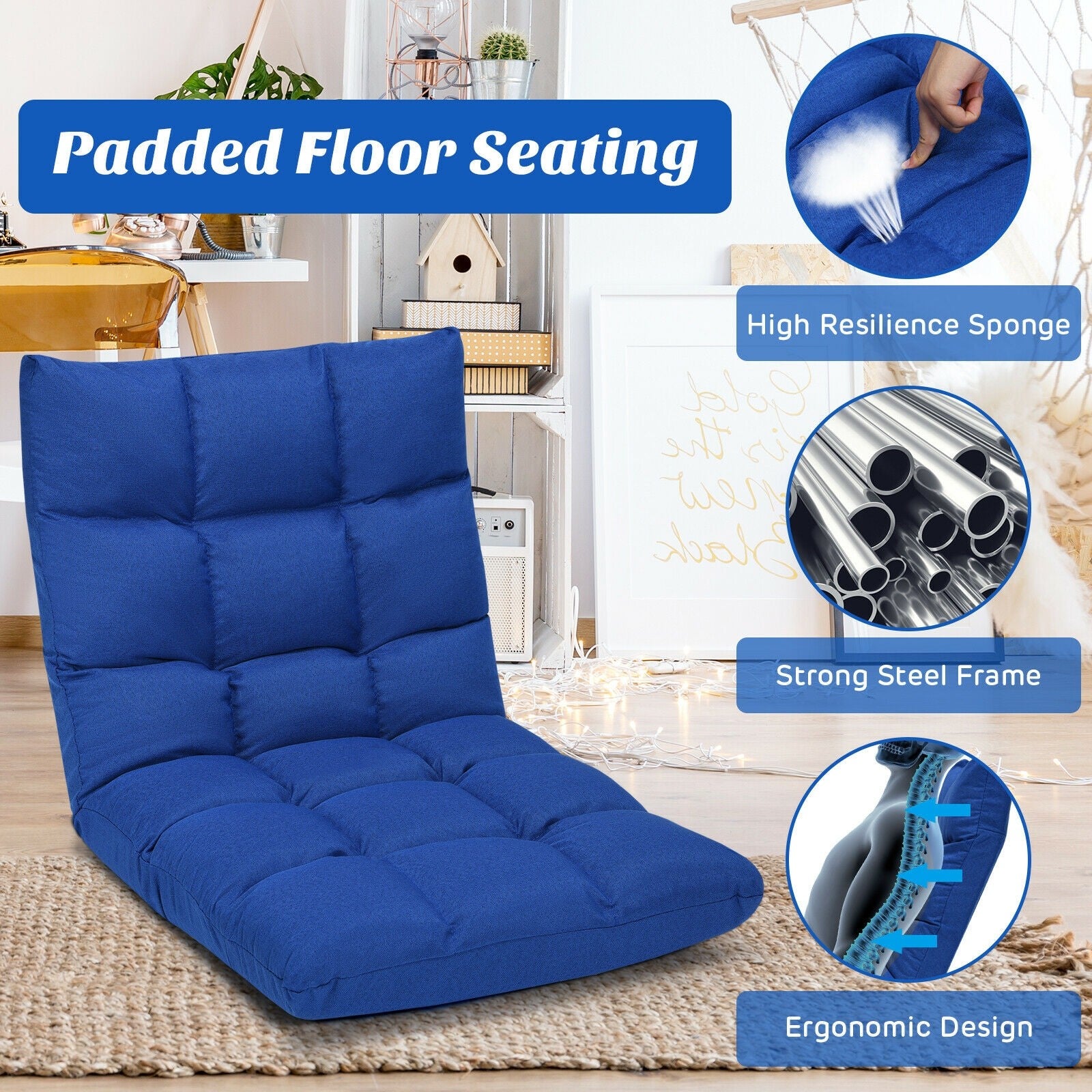 Adjustable Floor Gaming Sofa Chair 14-Position Cushioned Folding - Giantexus