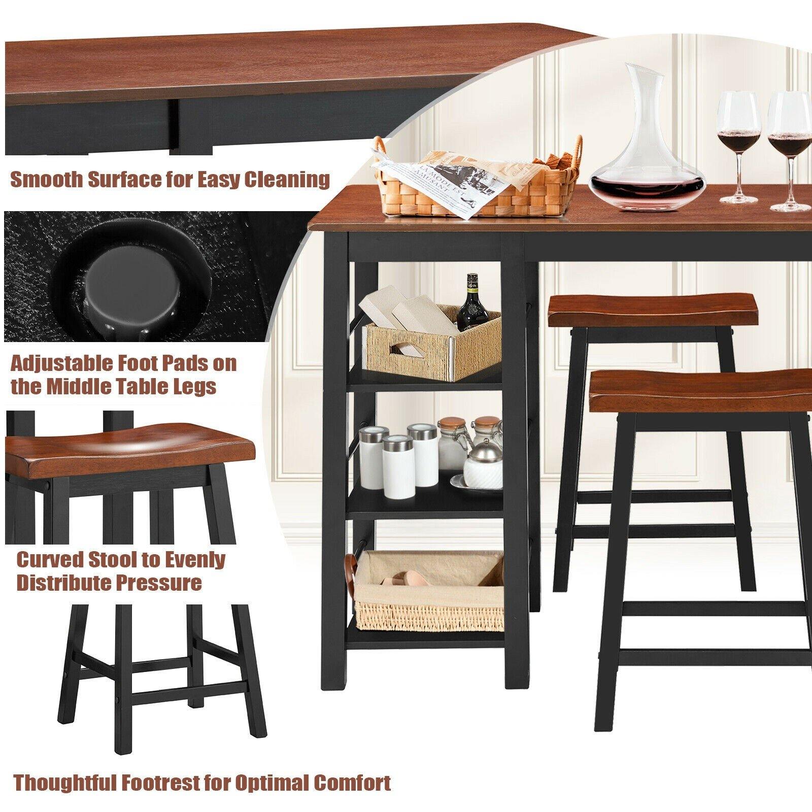 3 Piece Dining Set, Entirely Wood Counter Height Table Set with 2 Chair and 3-Tier Storage Shelves - Giantexus