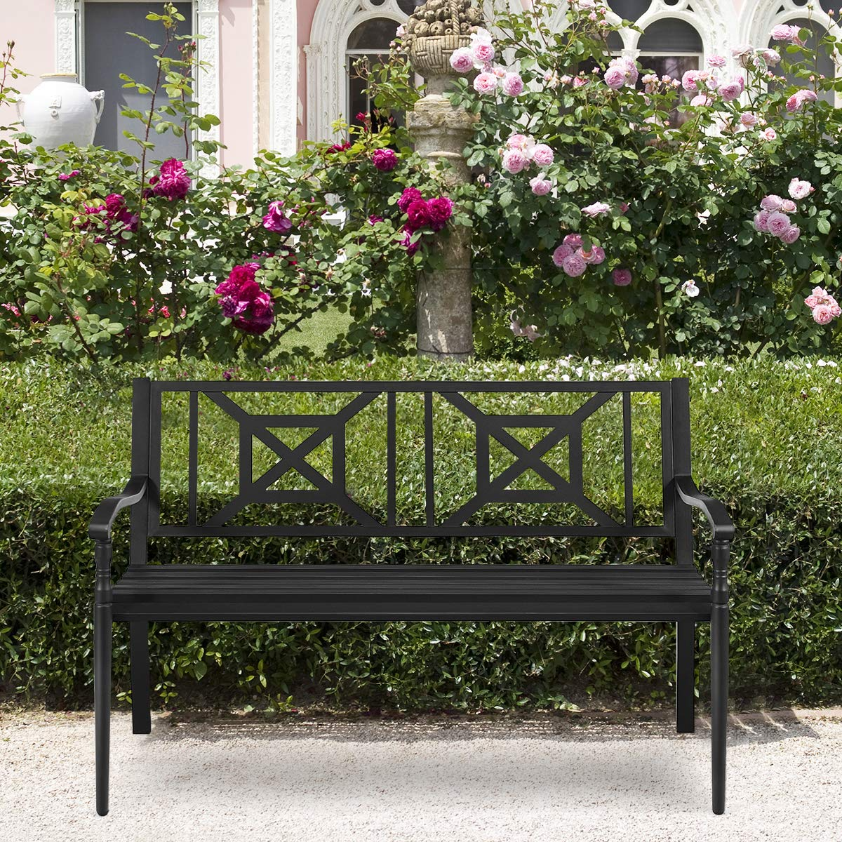 Giantex Elegant Loveseat w/Decorative Backrest & Ergonomic Armrest for Outdoor Garden, Backyard, Lawn, Porch, Path (Black)