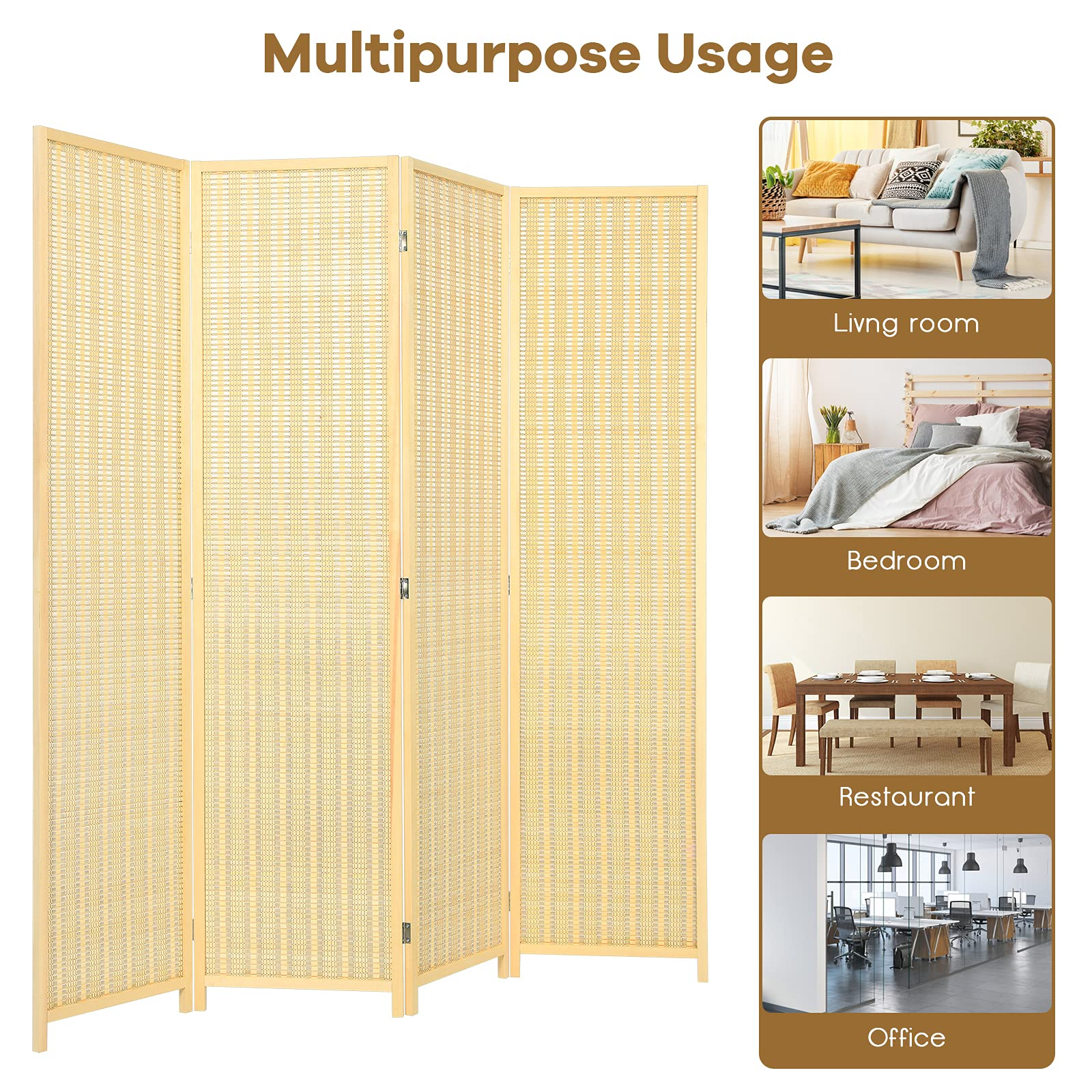Giantex 4 Panel 6 Ft Tall Bamboo Room Divider, Folding Privacy Screen, Natural - Giantexus