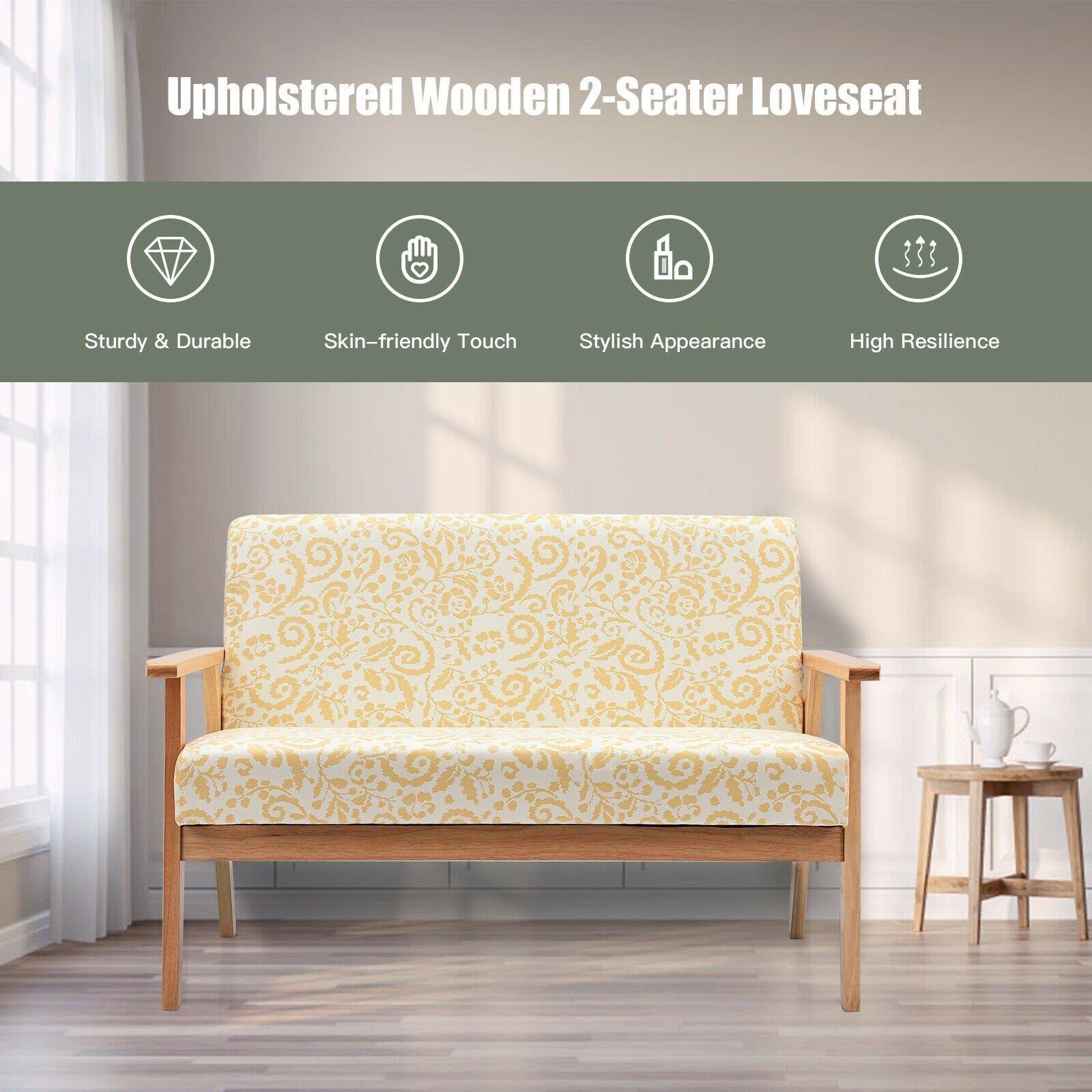 Giantex Mid-Century Wooden Loveseat, Upholstered Wooden Lounge Accent Chair - Giantexus