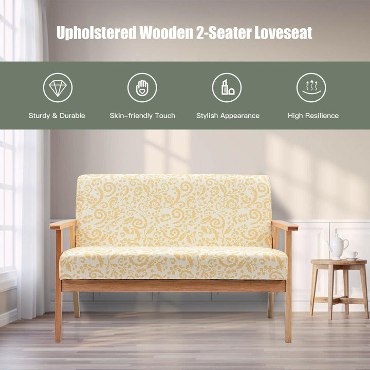 Giantex Mid-Century Wooden Loveseat, Upholstered Wooden Lounge Accent Chair - Giantexus