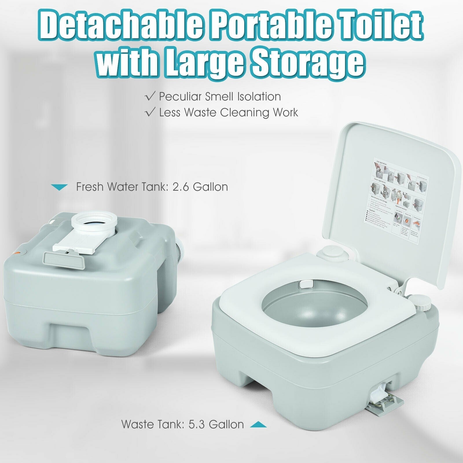 Portable Toilet 5.3 Gallon with Powerful Push Pump