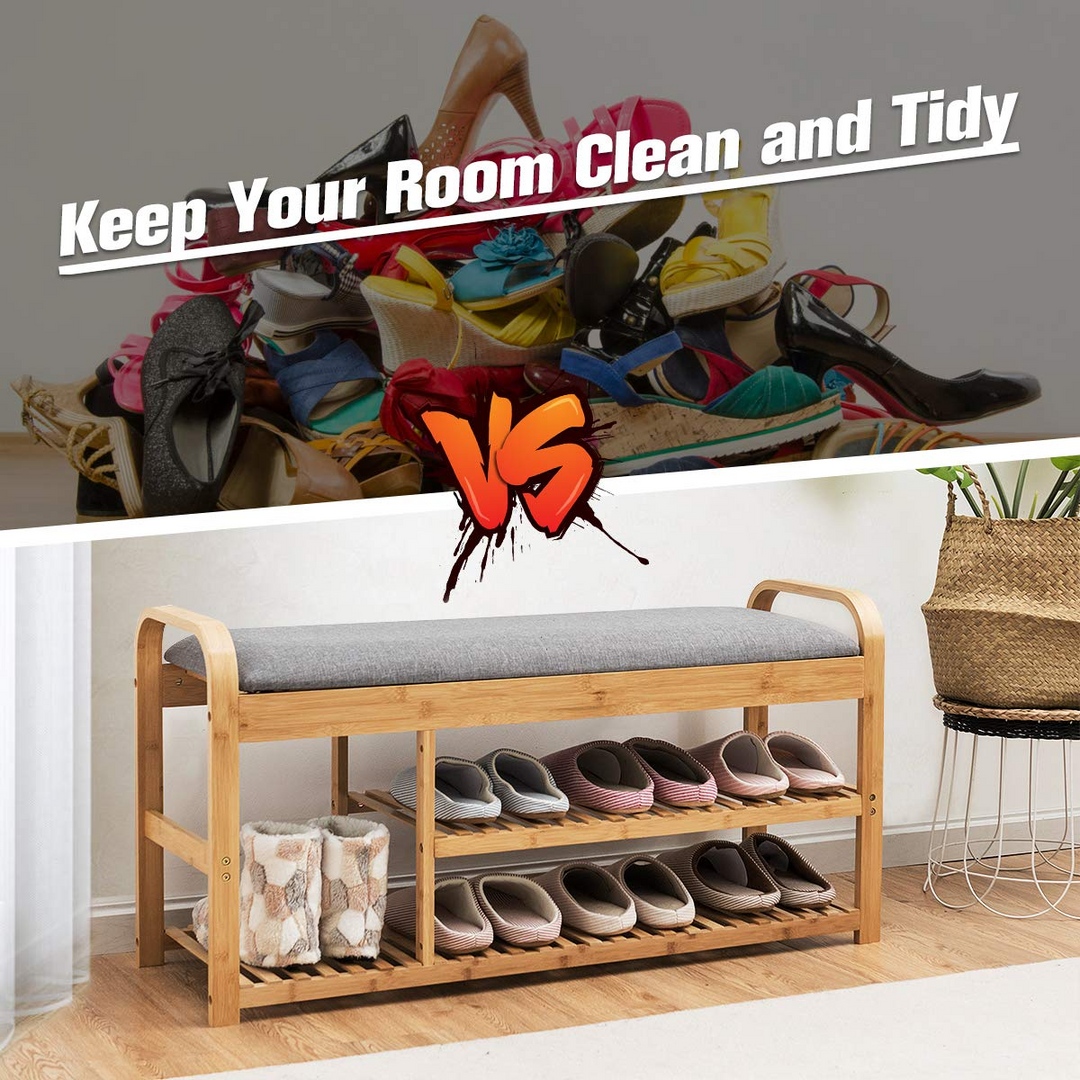 Giantex Shoe Rack Bench, Entryway 3-Tier Bamboo Shoe Organizer with Cushion (Natural and Grey)