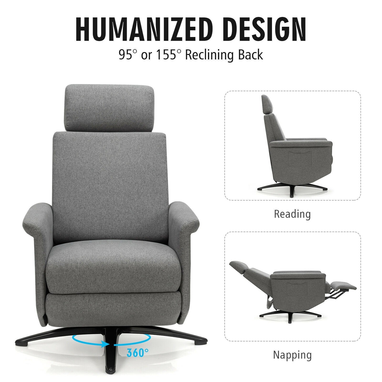 Recliner Chair with Vibration Massage, 360 Degree Swivel Reclining Sofa Chair, Adjustable Headrest & Footrest