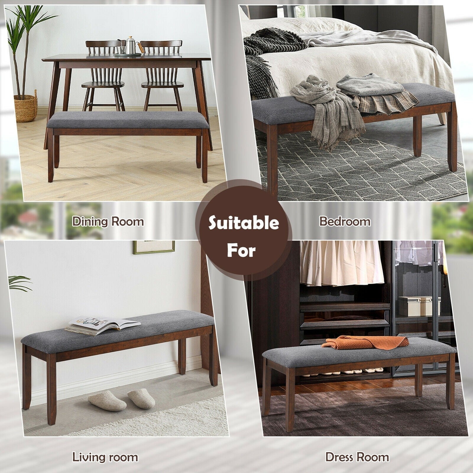 Giantex Dining Room Bench, Wood Kitchen Table Bench with Upholstered, 47.5 x 15.5 x 19.5 Inches Ottoman Bench