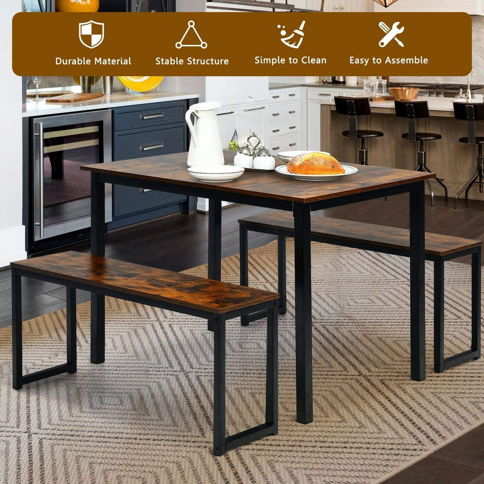 3-Piece Dining Table Set with 2 Benches, Kitchen Bench Table Set - Giantexus