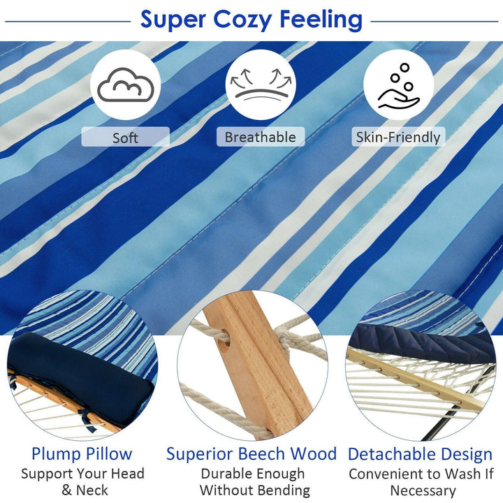 12Ft Hammock with Stand, 2 Person Heavy-Duty Steel Hammock Stand, 450 lbs Capacity (Blue and Beige Striped) - Giantexus