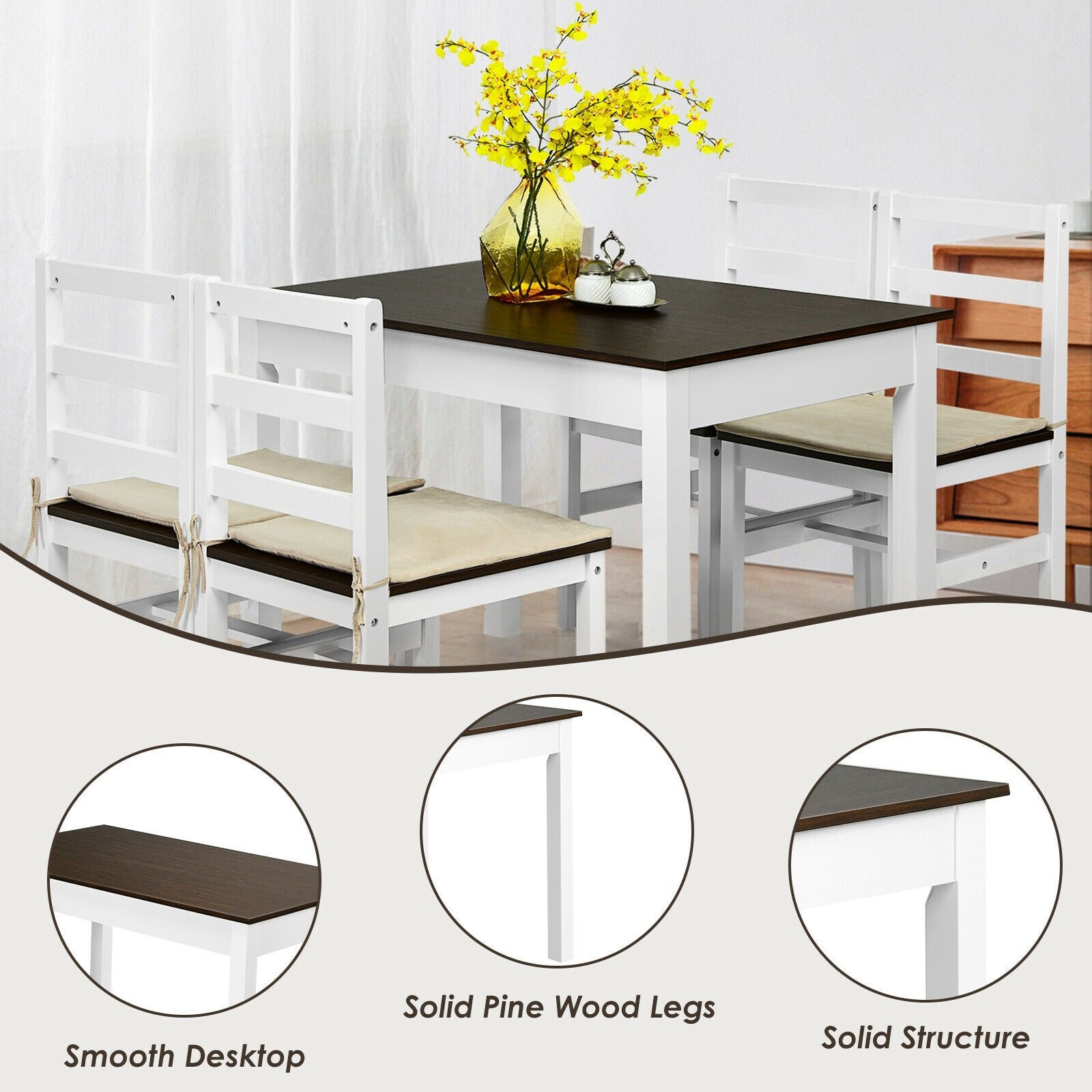 Giantex 5-Piece Dining Table Set, Rectangular Kitchen Table and Chairs Set (Walnut+White)