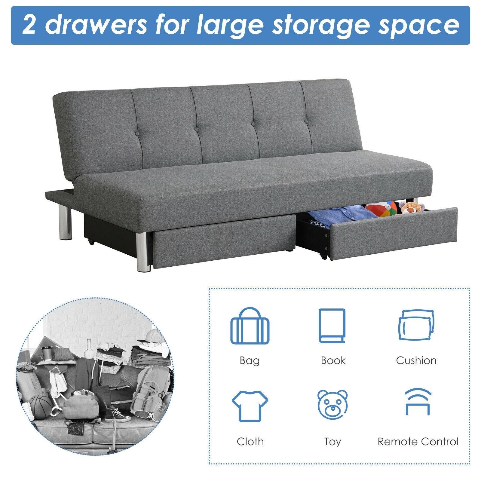 3-Seat Convertible Sofa Bed,Long Sofa w/ 2 Large Drawers, Ergonomic Sleeper w/ 3 Adjustable Angles - Giantexus