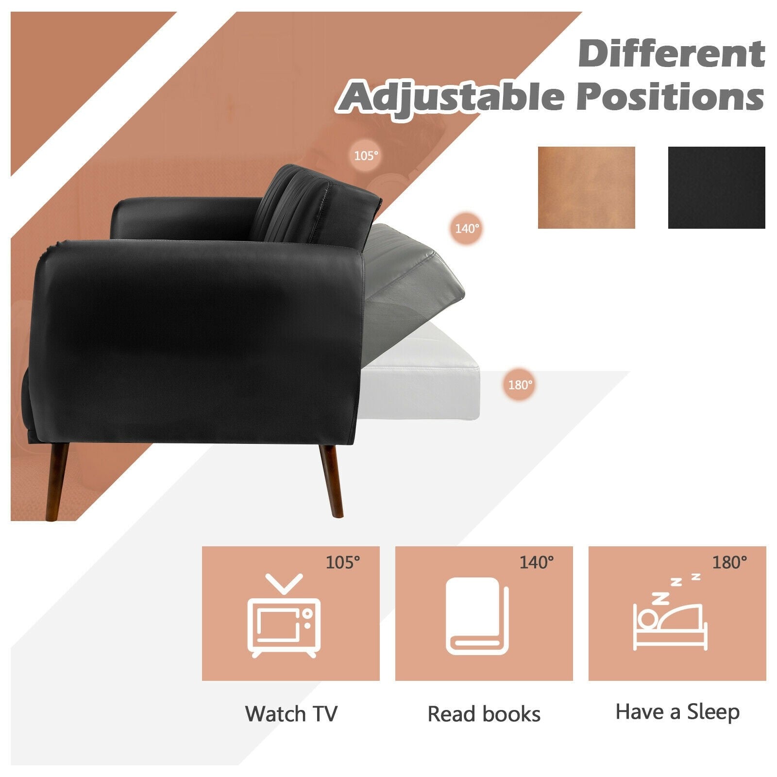Giantex 3 Seat Sofa Bed, Convertible Futon Sofa,  Adjustable Backrest, Foldable Couch Sleeper with Armrest (Black)