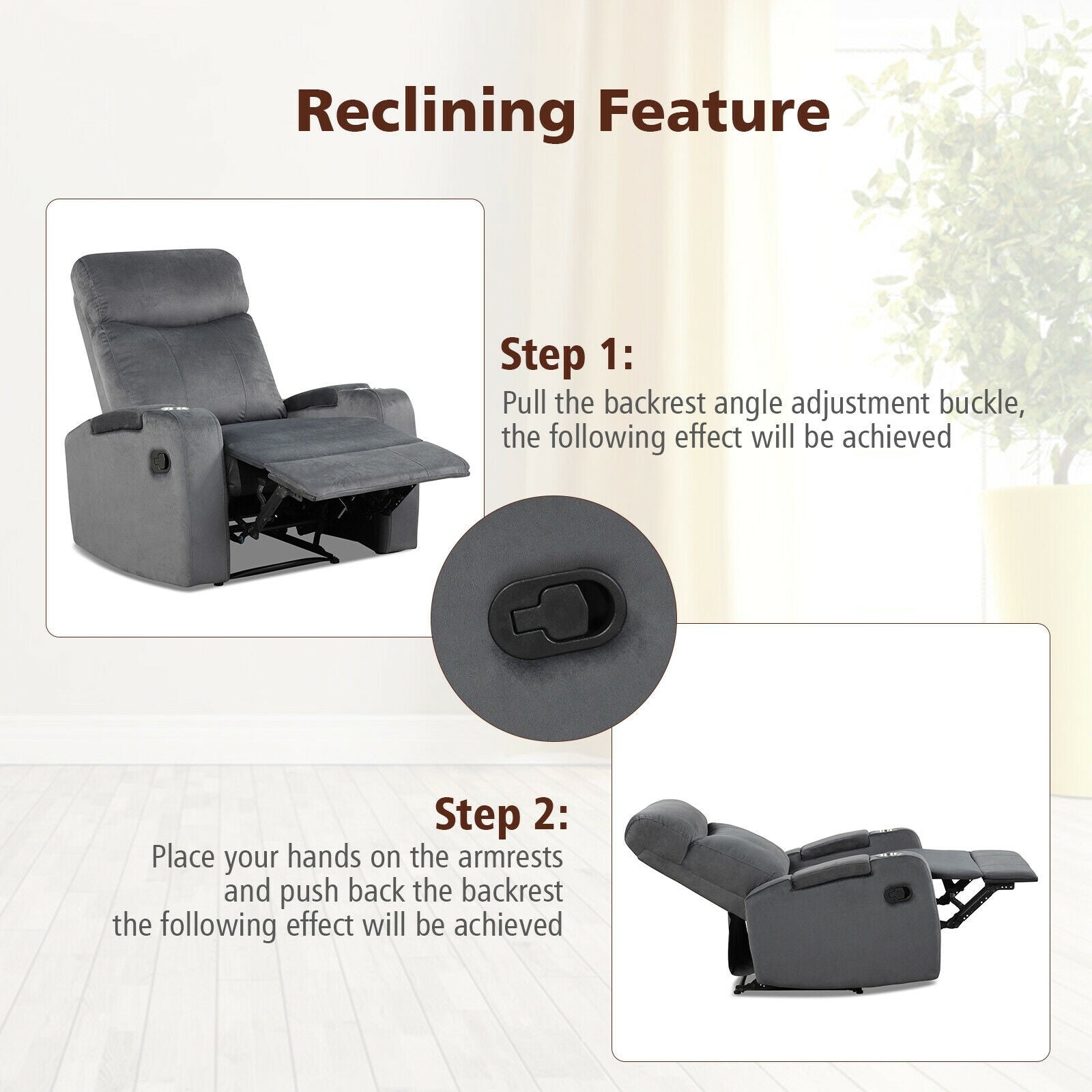 Recliner Chair with Cup Holders, Fabric Reclining Chair Manual Recliner Chair