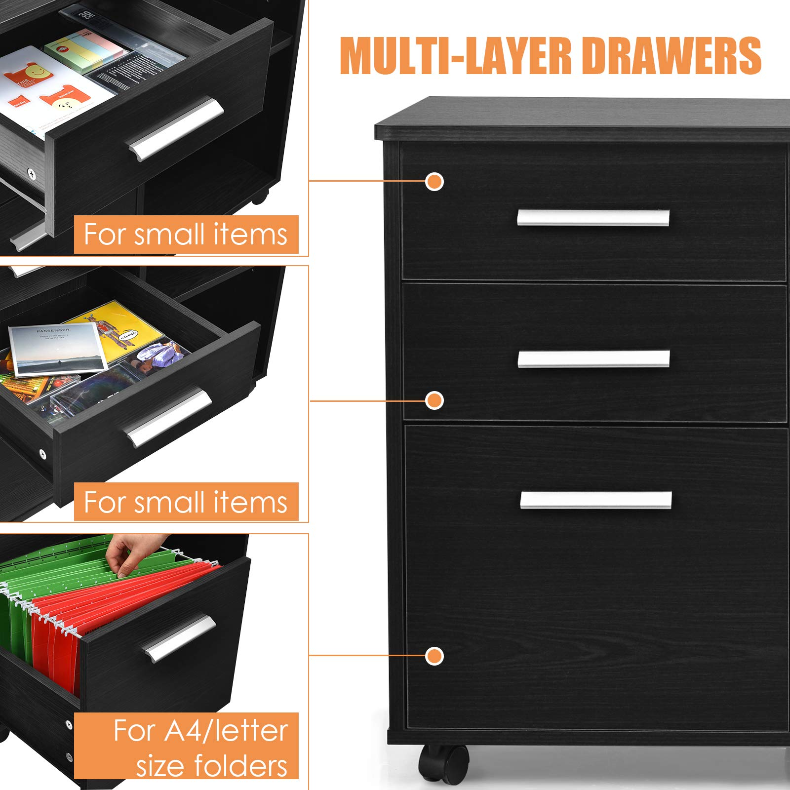 3-Drawer File Cabinet | Mobile Lateral Filing Cabinet with Wheels