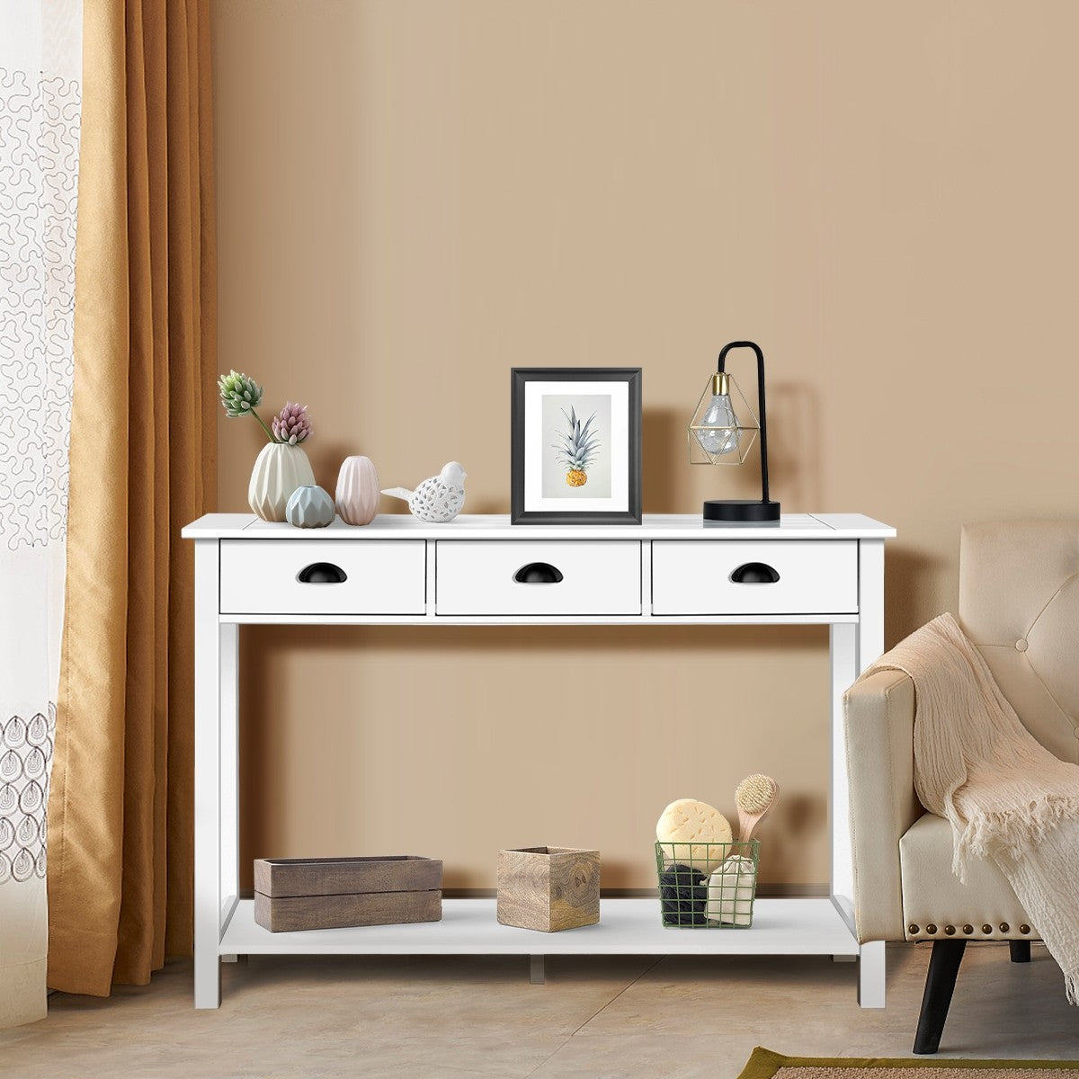 Console Sofa Table with 3 Drawers, Sofa Side Table with Shelf