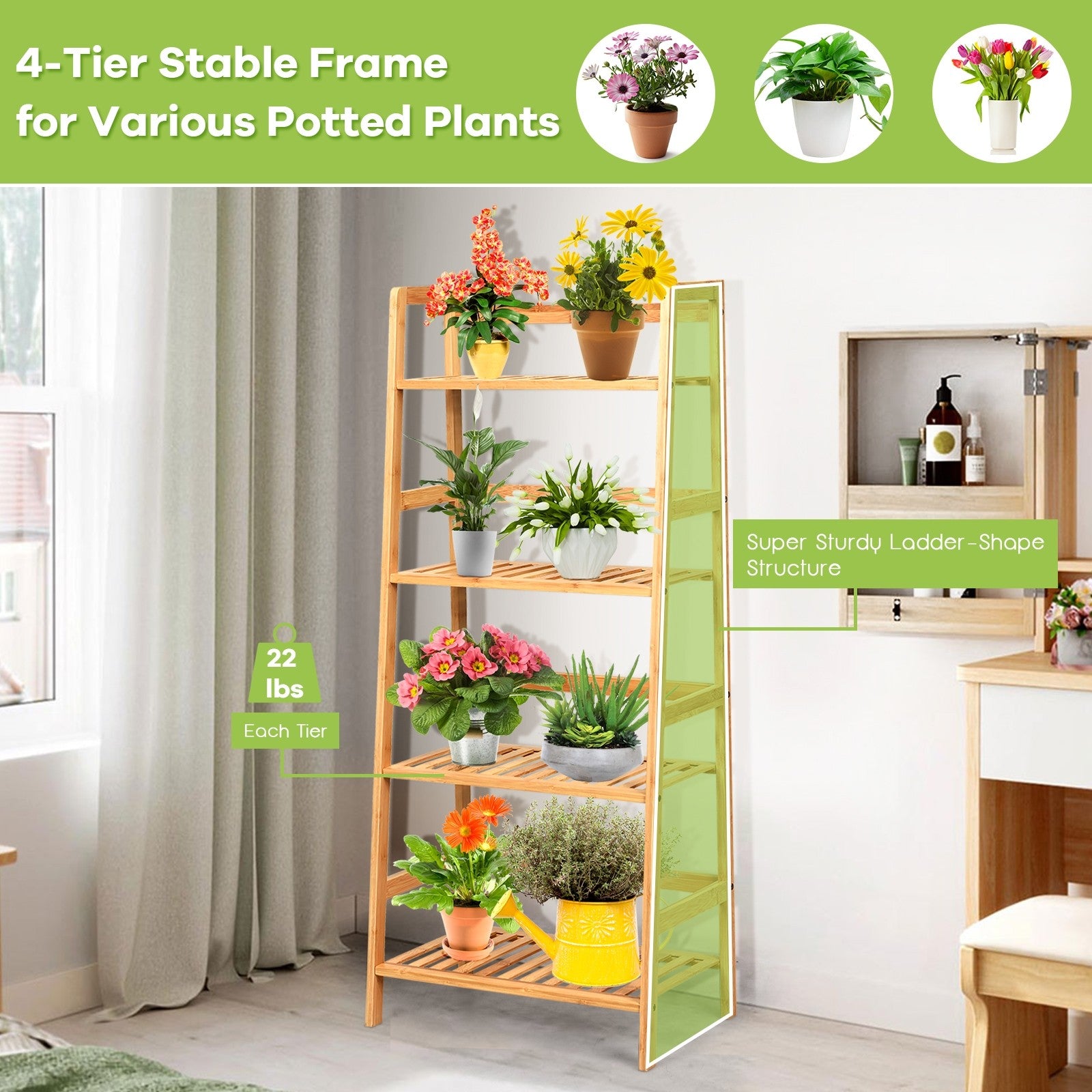 4-Tier Ladder Shelf Plant Stand, Bamboo Flower Pots Holder Display Rack - Giantexus