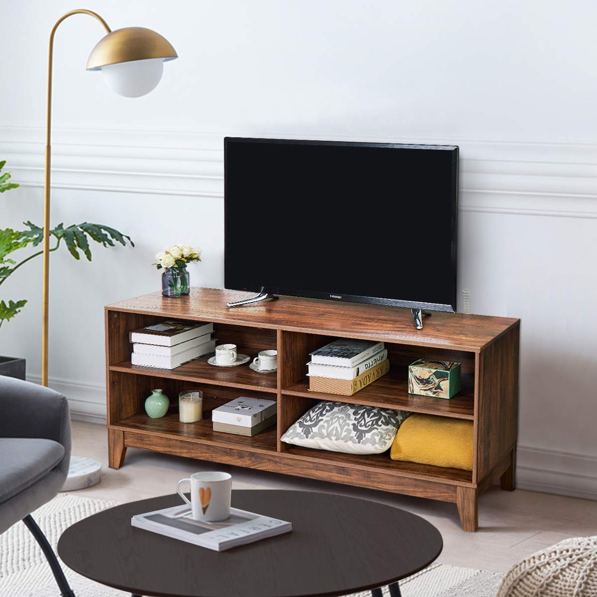 Giantex TV Stand Console Table Cabinet for 60" TV, Large Storage for Living Recreation Room W/ 4 Open Shelves