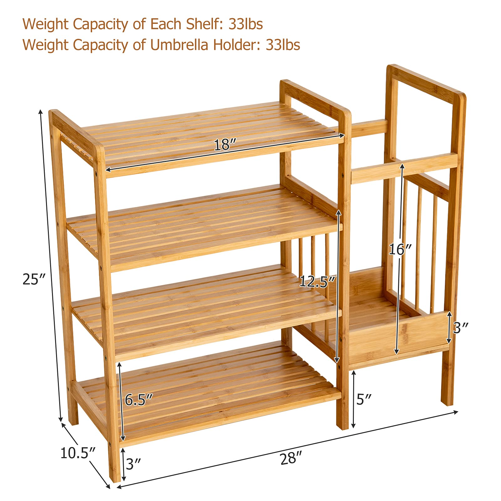 Giantex 4-Tier Bamboo Shoe Rack, Multifunctional Storage Stand, Entryway Organizer w/ Umbrella Holder & Storage Shelves
