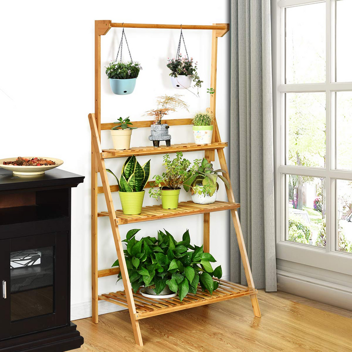 plant stand with hanging rack Giantex 3-Tier Hanging Plant Stand Storage Shelf, Folding Flower Pot Organizer Display Storage Rack