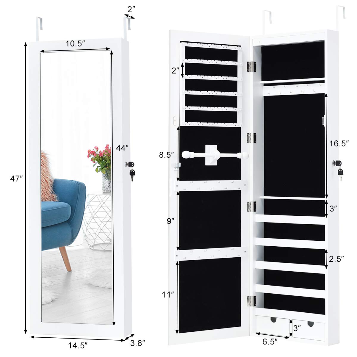 Wall Door Mount Jewelry Armoire Cabinet with 15 LED Lights - Giantex
