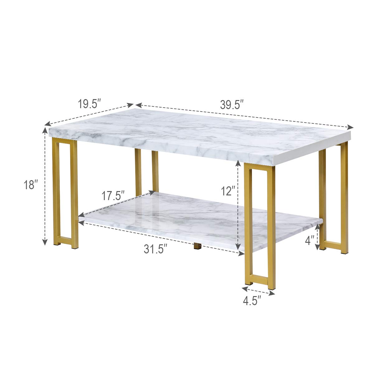 Giantex Coffee Table Rectangular, 2-Tier W/Gold Print Metal Frame and Hollow Metal Legs