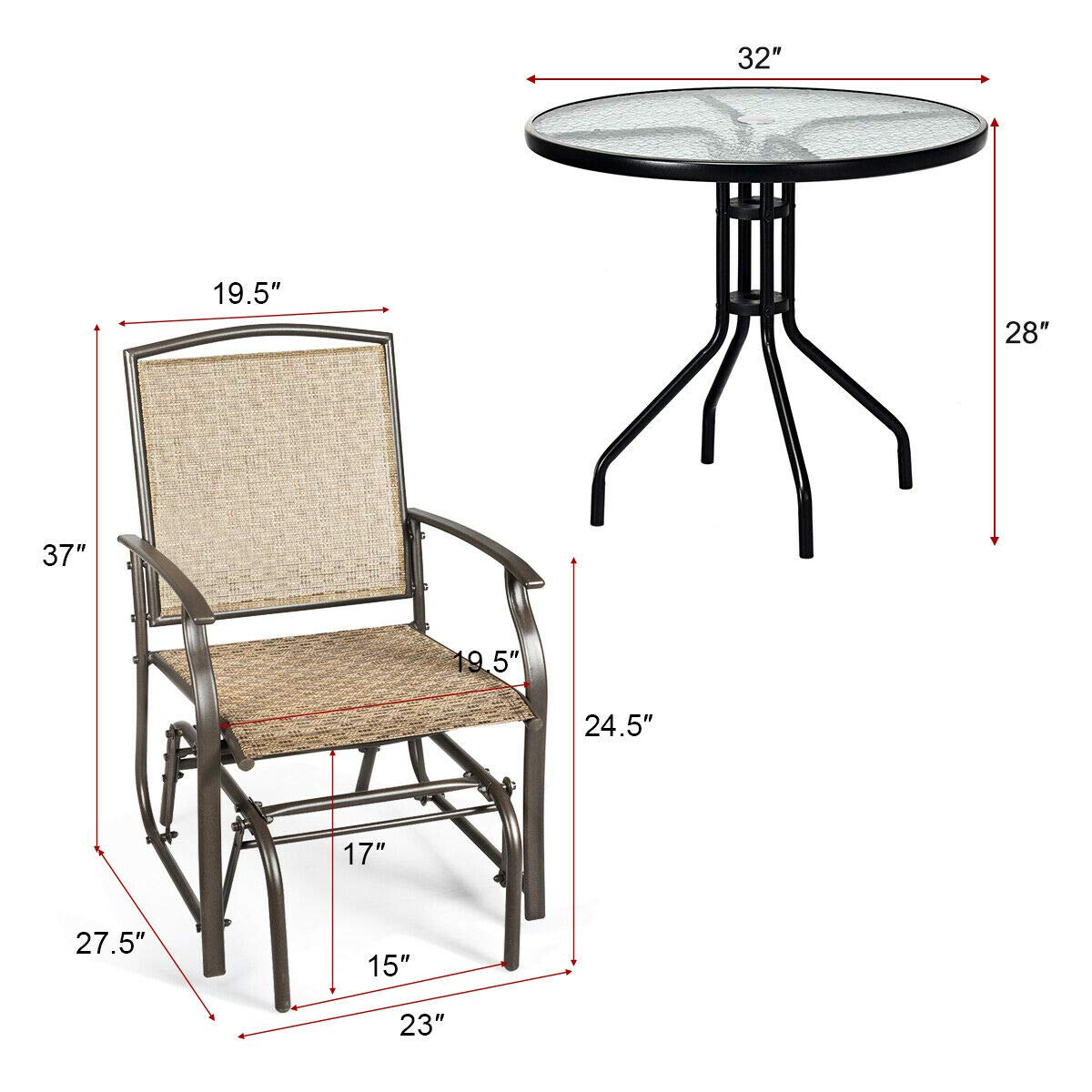 Giantex 3PCS Patio Swing Glider Set with One Glass Table W/Umbrella Hole & Two Rocking Chairs 3 -Piece