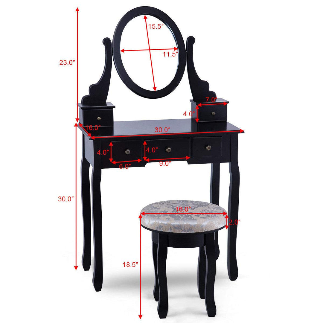 Giantex  Round 360 Degree Rotation Swivel Mirror Dressing Table Stool Wooden Vanity Set (Black with 5 Drawer)