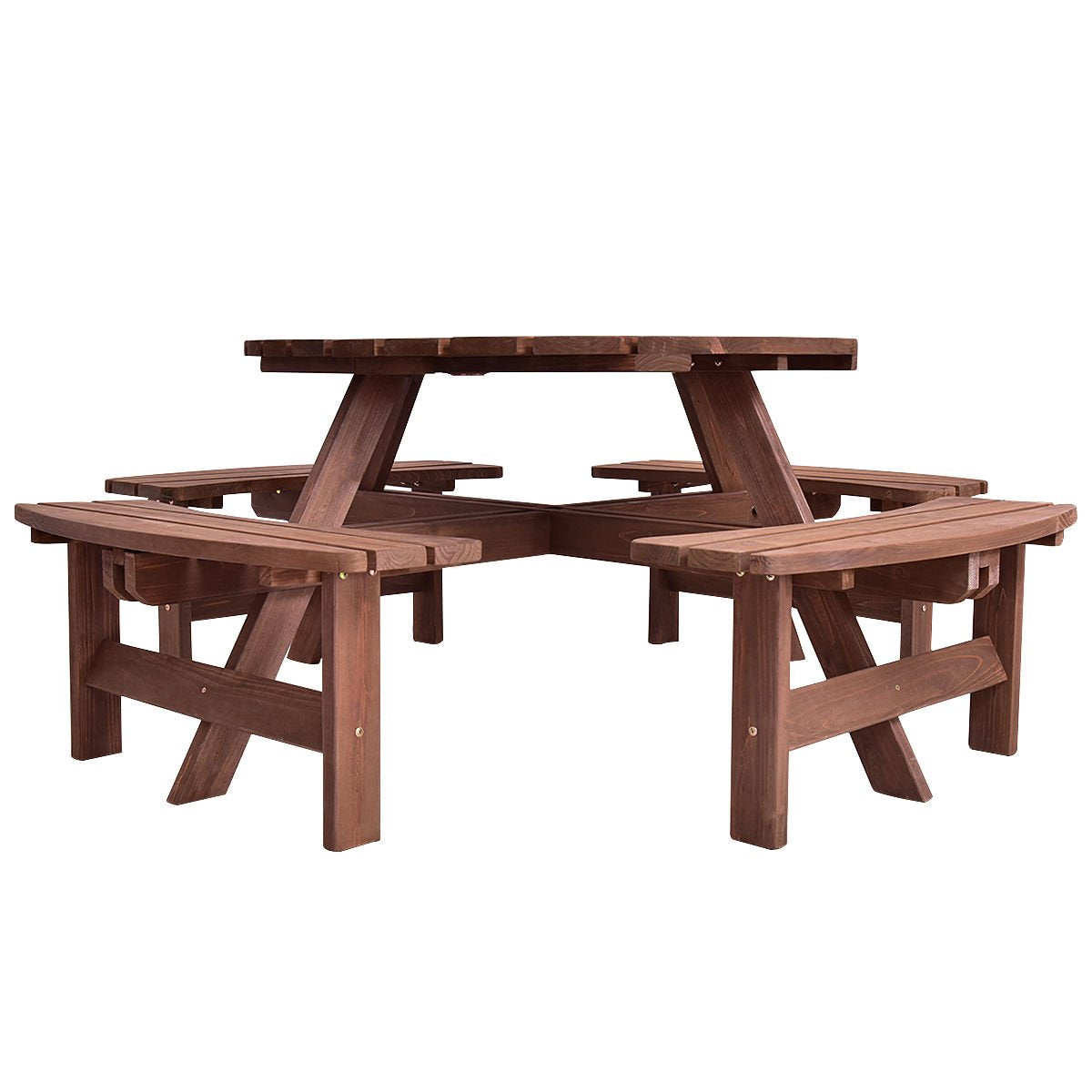 Giantex Wooden Picnic Table Set with Wood Bench, 4 Adults or 8 Kids Outdoor Round Table with Umbrella Hold Design