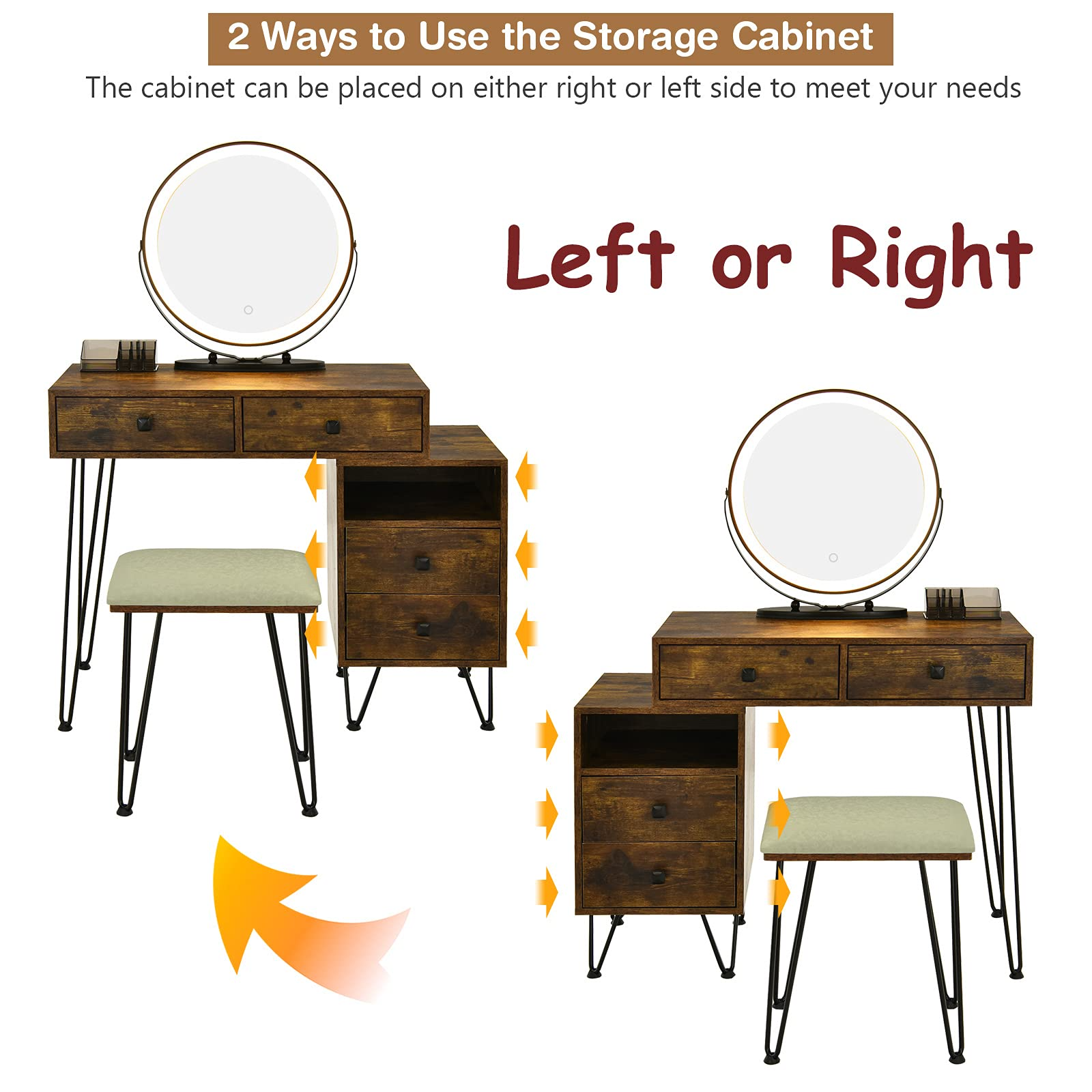 CHARMAID Vanity Set with 3 Colors Lighted Mirror, Left or Right Side Cabinet