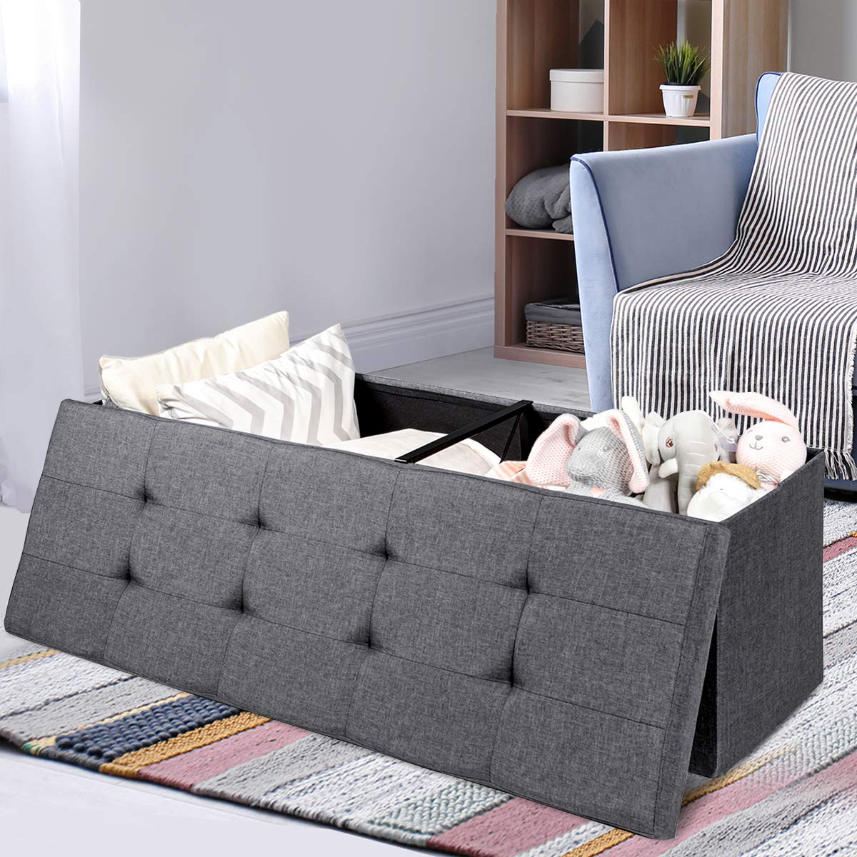 Storage Ottoman Bench, Folding Foot Rest 43.5'' with Divider