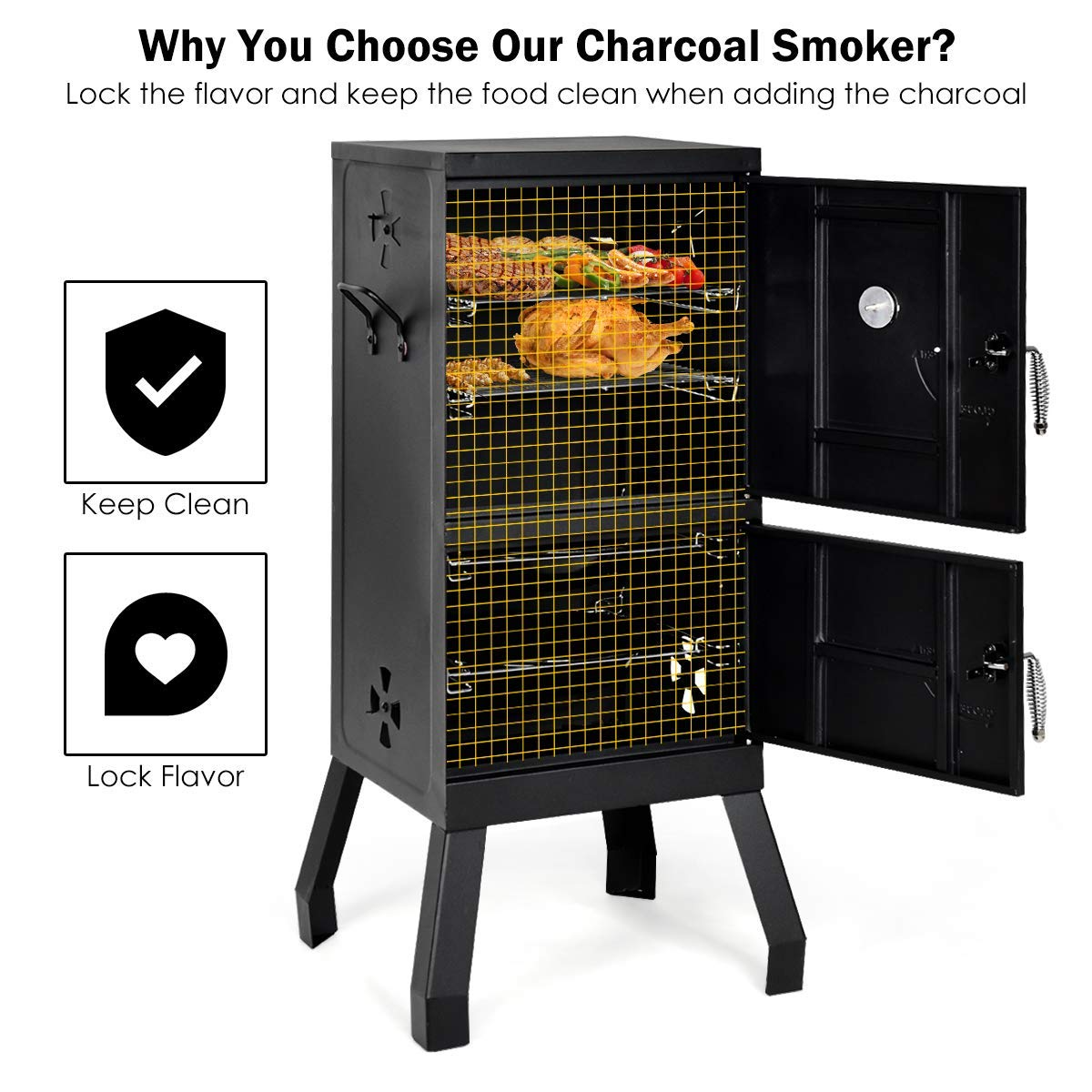 Giantex Outdoor Smoker with Double Doors, 2 Detachable Grill Netting Smoking Racks