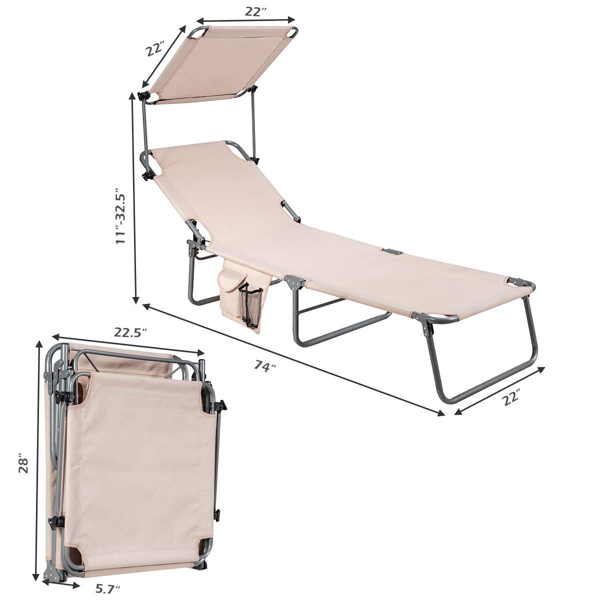 Giantex Lounge Chaise Chair Position and Shade Adjustable W/Canopy and Storage Pocket