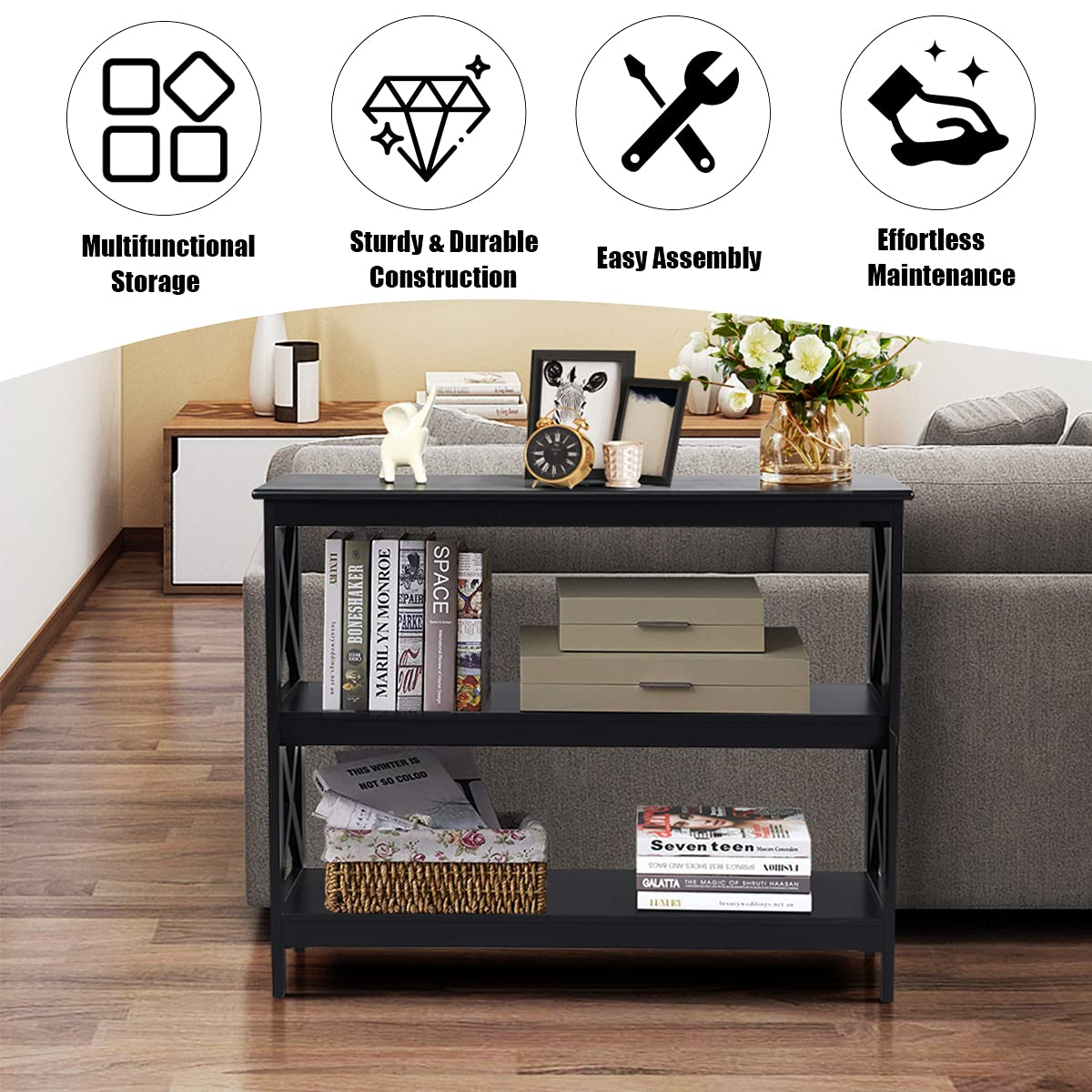 Giantex Console Table with Storage Shelves and X-Shape-Design Bookshelf Narrow Accent Table