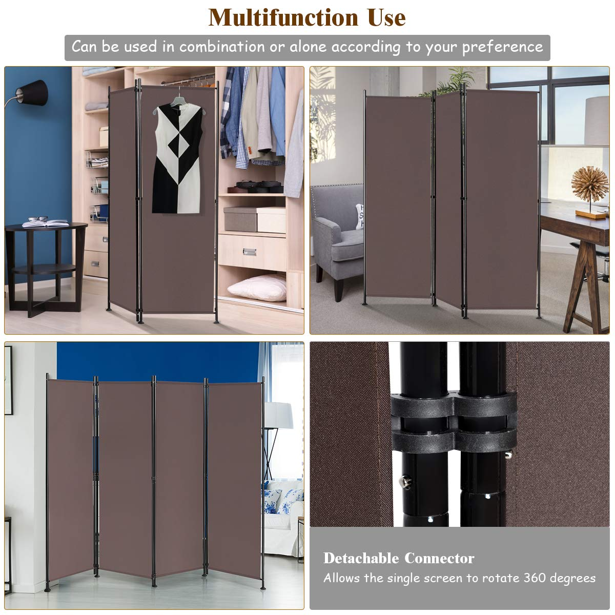 Giantex 4 Panel Room Divider, 5.6 Ft Folding Privacy Screen with Adjustable Foot Pads (Coffee) - Giantexus