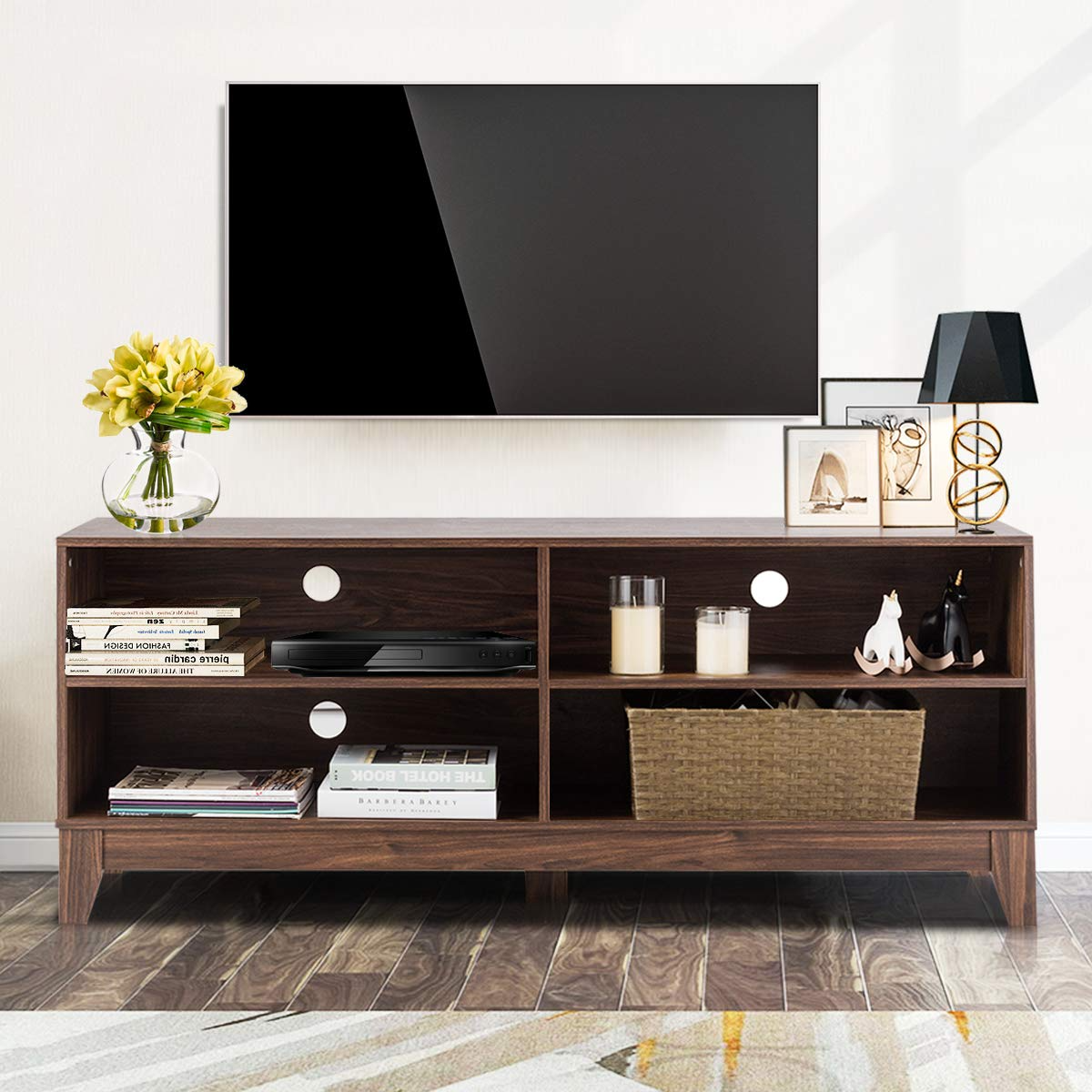 Giantex TV Stand Console Table Cabinet for 60" TV, Large Storage for Living Recreation Room W/ 4 Open Shelves