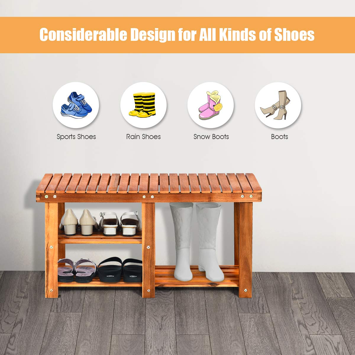 Giantex 2-Tier Shoe Bench Entryway Shoe Rack with Seat, Wood Organizer for Hallway, Bathroom