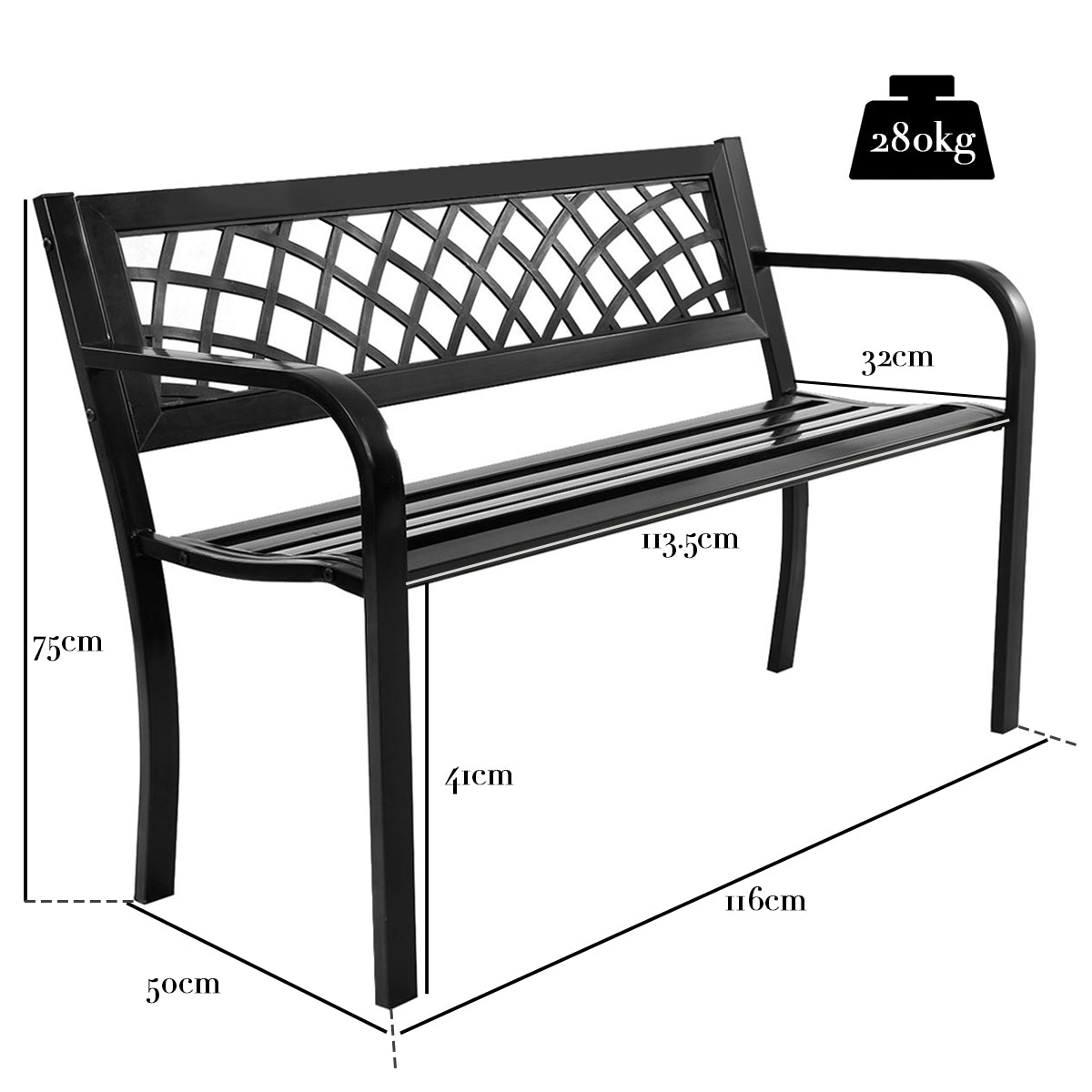 Giantex Patio Garden Bench Loveseats Park Yard Furniture Decor Cast Iron Frame Black (Black Steel W/ PVC Mesh Pattern)