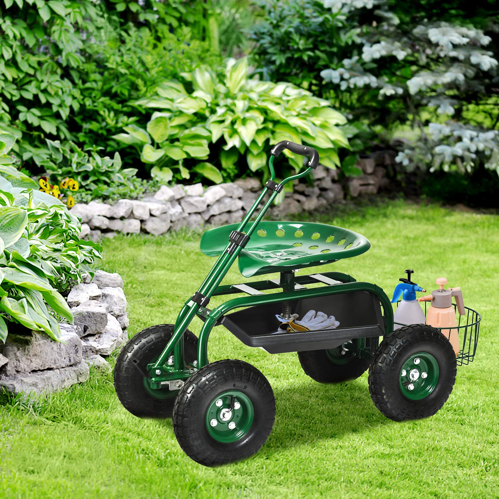 4-Wheel Garden Workseat with Storage Basket - Giantex