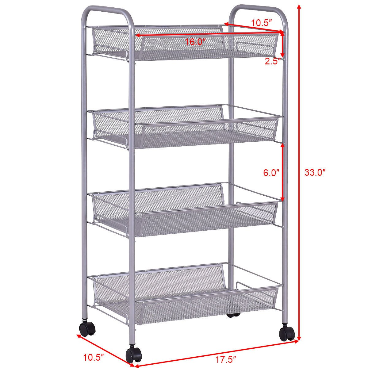 Giantex Storage Rack Trolley Cart Home Kitchen Organizer Utility Baskets (4 Tier, Silver)