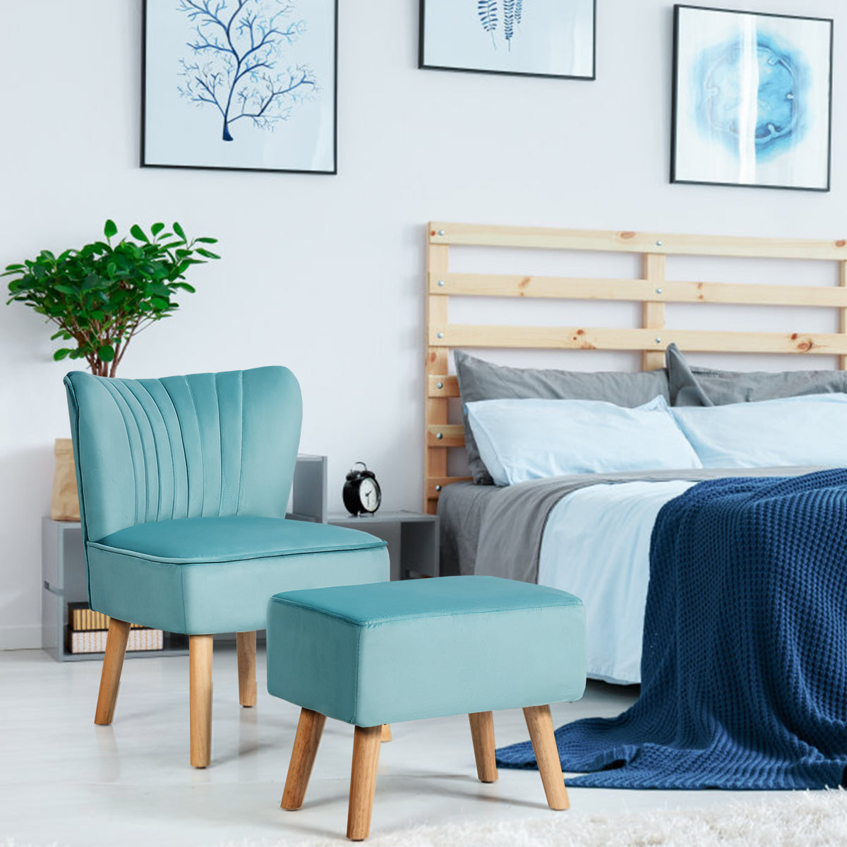 Velvet Accent Chair with Ottoman for Living Reading Room Bedroom - Giantexus
