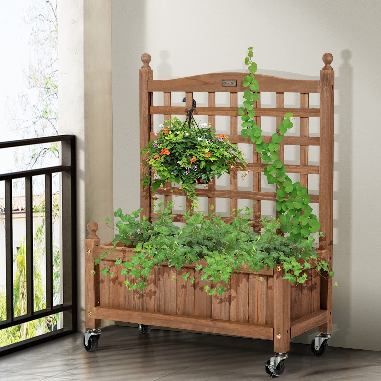 Wood Planter with Lattice Trellis and Wheels, 25'' x 11'' x 32.5'' (L x W x H)