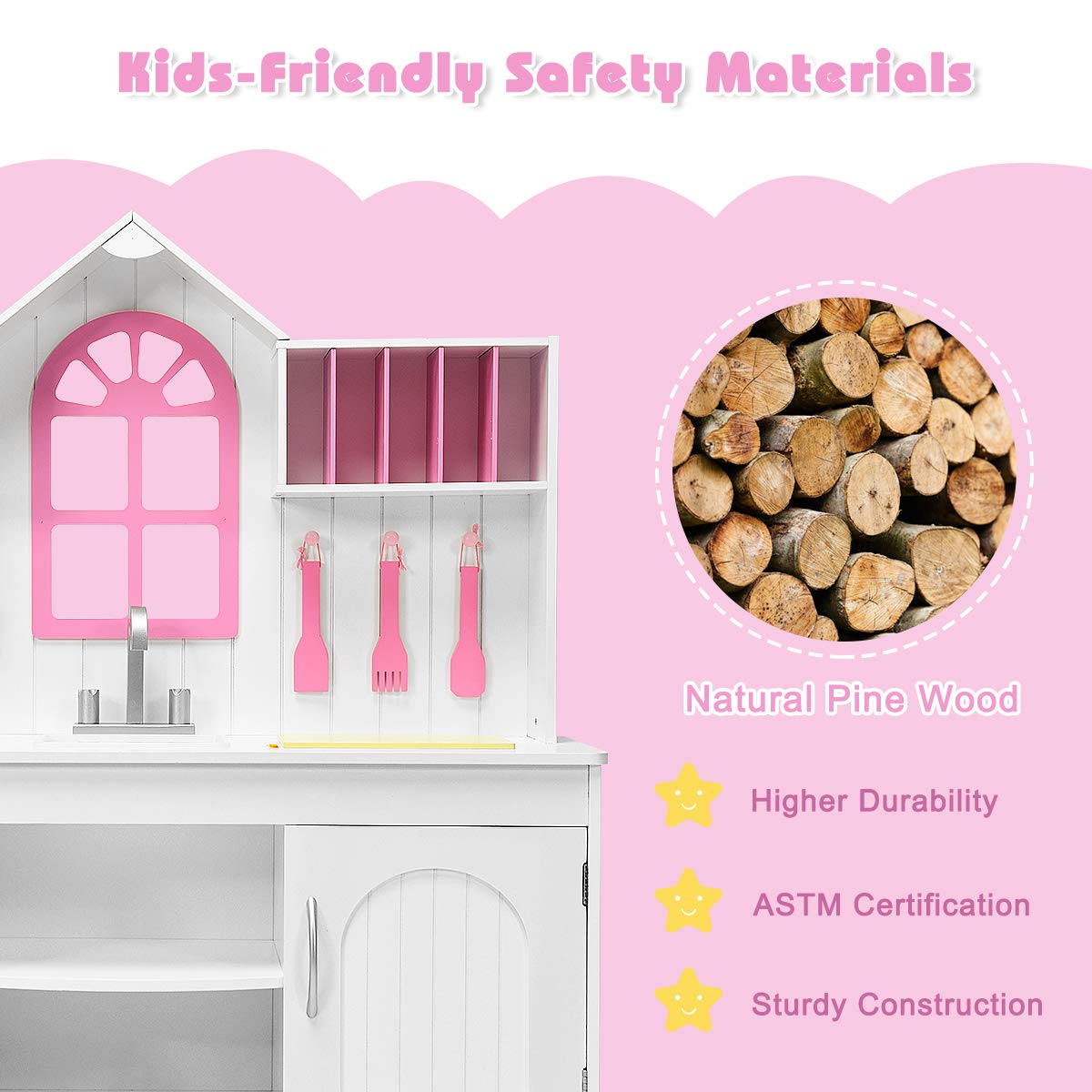 Giantex Wood Play Kitchen, Pink Kids Kitchen Playset for Toddlers